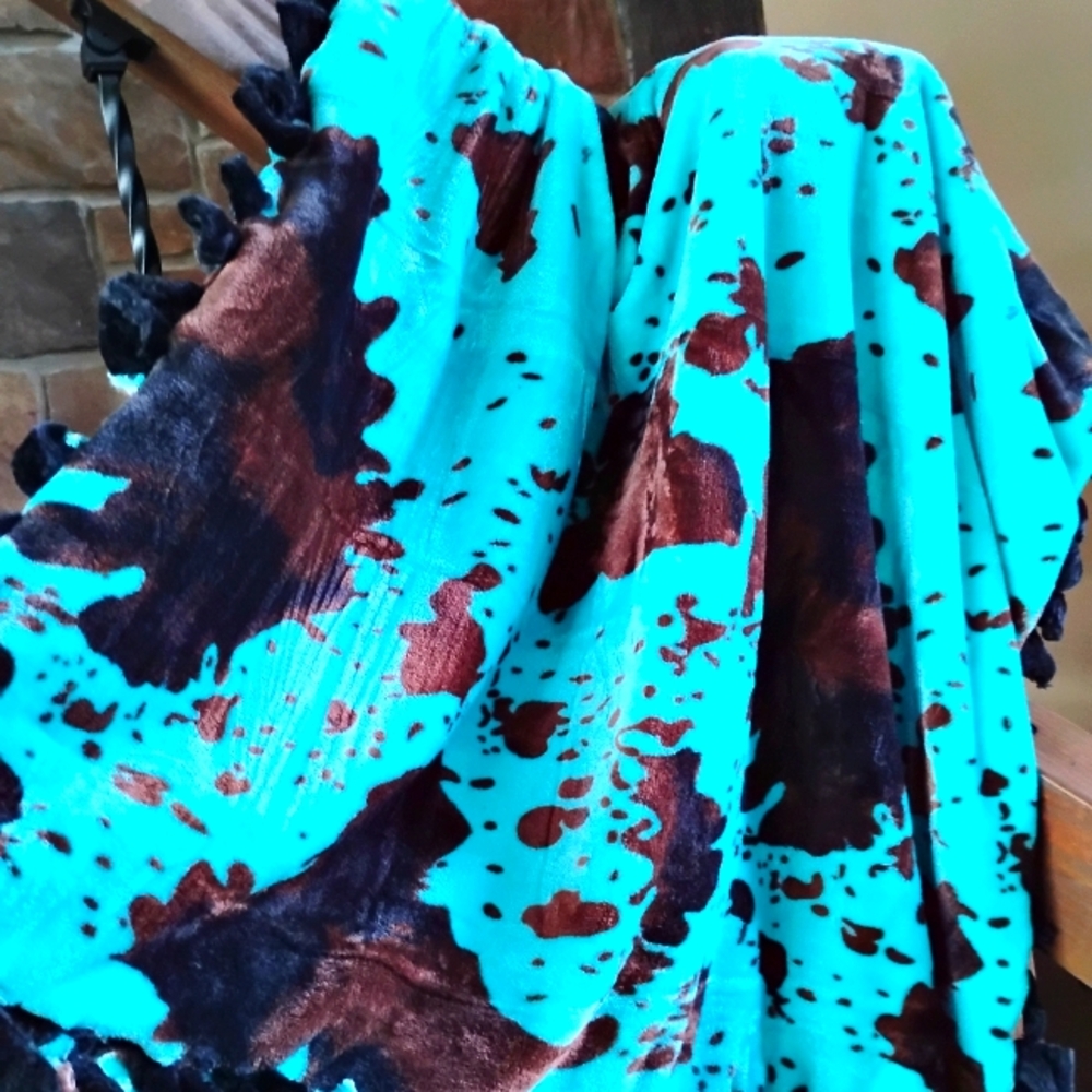 Custom Teal Cow Print Fleece Tie Blanket